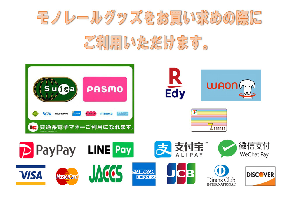 交通系電子マネー、楽天Edy、waon、nanaco、alipay、wechat pay、line pay、visa、mastercard、jaccs、american express、diners club、discover、jcb