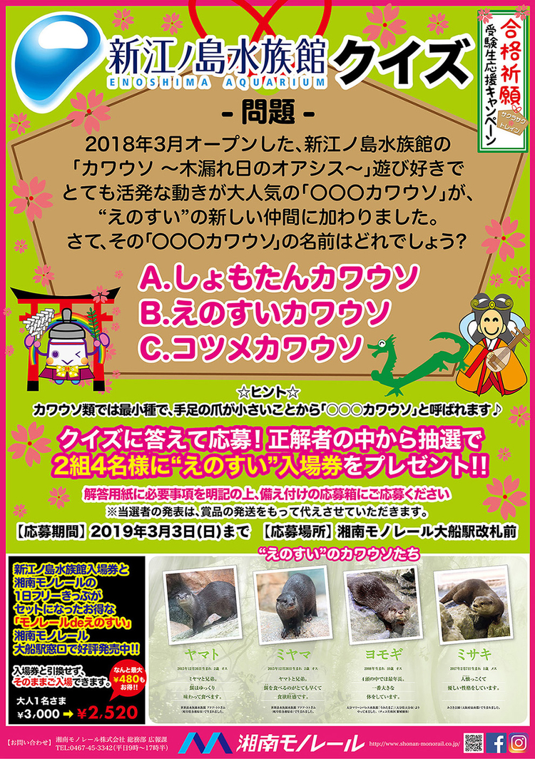 合格祈願受験生応援キャンペーン 新江ノ島水族館クイズ ２０１９年３月３日まで 湘南モノレール株式会社
